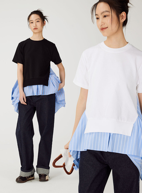 HEARTBECKON 赫贝蔻新款经典条纹压褶两侧拼接宽松圆领短袖T恤女