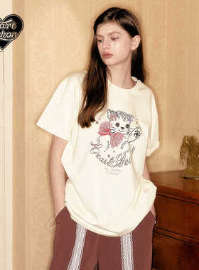 HEARTBECKON原创品牌蝴蝶结臭美小猫印花抽绳短袖两色可爱夏季T恤