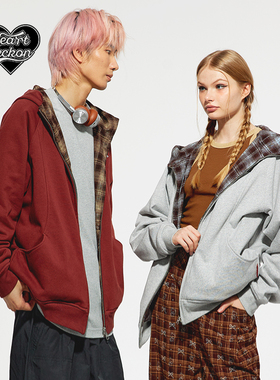 HEARTBECKON2024秋冬新款连帽双面穿格纹刺绣卫衣外套男女同款