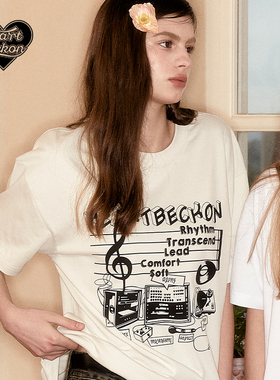 HEARTBECKON原创设计美式复古乐队音符印花纯棉圆领男女款短袖T恤