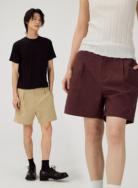 HEARTBECKON 赫贝蔻高密天丝棉內褶设计复古简约松紧腰头男女短裤