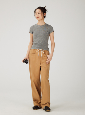 HEARTBECKON 赫贝蔻斜纹肌理感天丝棉舒适温暖抽绳松紧腰直筒长裤