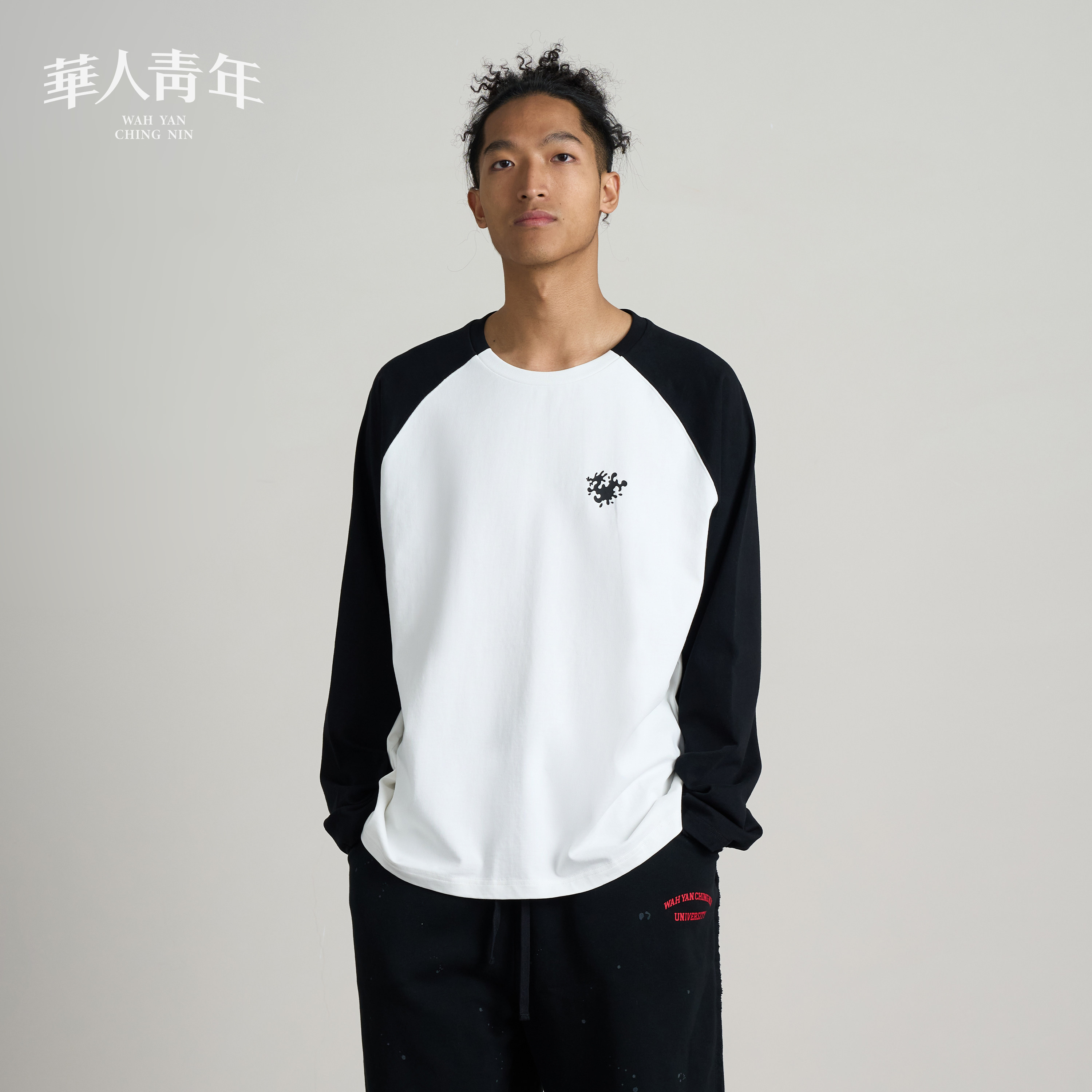 华人青年泼墨龙插肩拼色长袖T恤男士春季新款纯棉宽松打底上衣潮