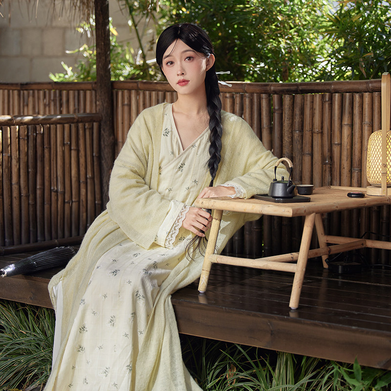 七月夕原创汉服沅芷印花交领改良直裾针织长衫日常通勤春季女_虎窝淘