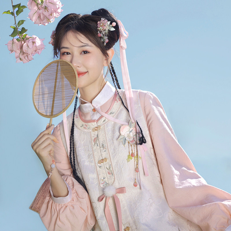 七月夕原创汉服桃枝甘露汉元素泡泡袖连衣裙绣花圆领长比甲女_虎窝淘