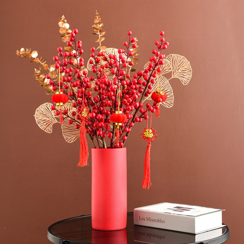 婚庆结婚陶瓷红色花瓶插花冬青发财果红果玄关餐桌客厅高级感摆件