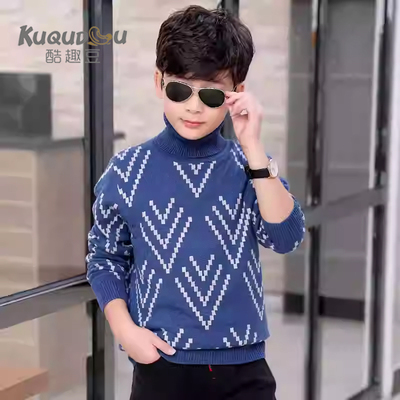 男童高领毛衣秋冬两翻领菱格针织