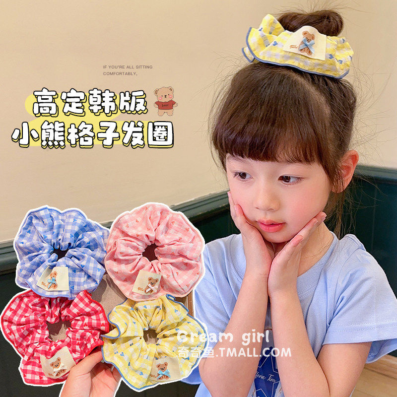 女童蝴蝶结小熊格子大肠发圈图片