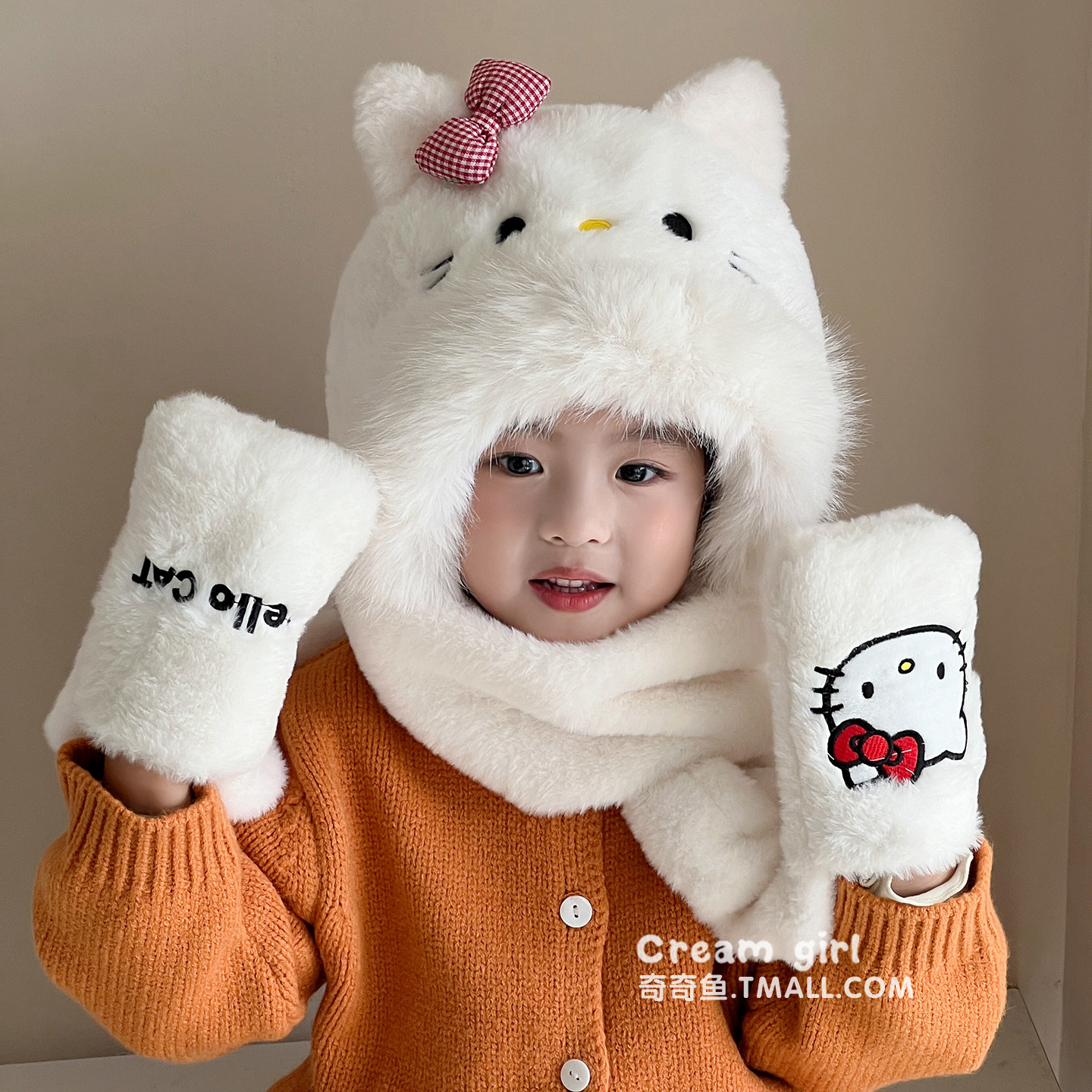 冬季儿童小帽子围巾一体女童毛绒围巾手套保暖三件套女宝宝护耳帽