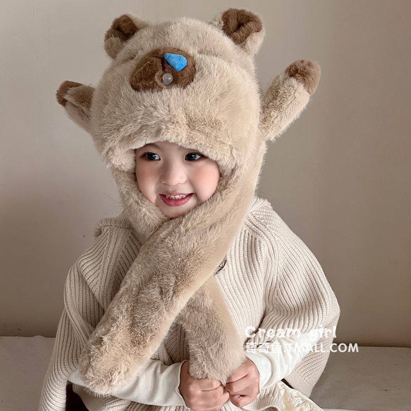 女童咖色卡皮巴拉帽子围巾套装冬季宝宝保暖围脖儿童毛绒脖套女孩,童装/婴儿装/亲子装,帽子,淘宝优惠券,粉丝福利购,淘宝优惠卷