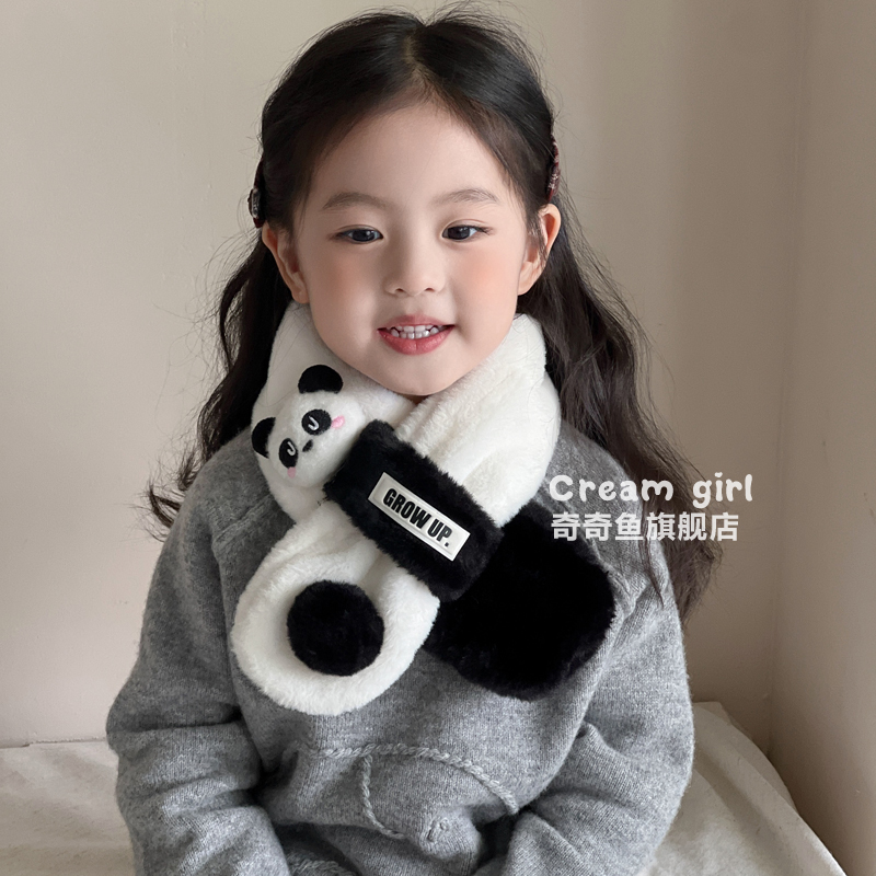 儿童可爱熊猫围巾女童宝宝2025秋冬季防风保暖围脖交叉脖套男女孩