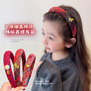 新年儿童红色系头箍洗脸压发捆宝宝高颅顶头饰学院风发卡格纹发箍