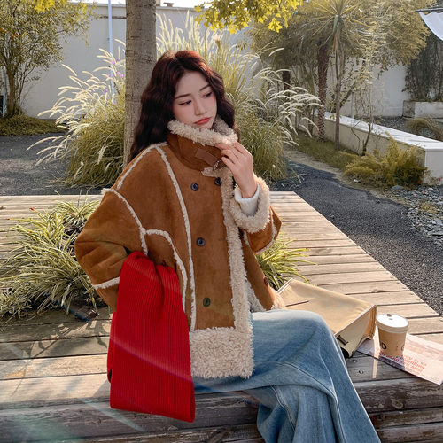 休闲风立领羊羔毛短外套女冬皮毛一体加厚保暖老钱风夹克年轻202