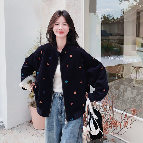 时尚风刺绣花朵黑色短外套女秋季棒球服拉链夹克韩系流行独特流行