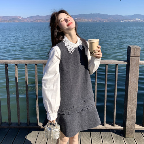 学院风蕾丝领两件套女冬季毛呢背心裙衬衫减龄小个子套装特别高雅