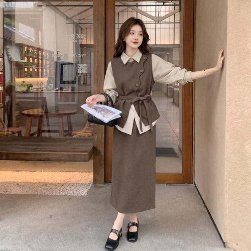 韩味大码穿搭两件套女2026秋季气质套装系带马甲美式感休闲日式通
