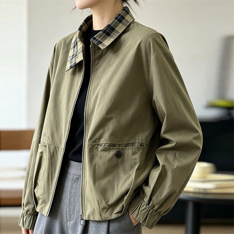 好看风假两件格纹拼接夹克女漂亮百搭短外套通勤上衣显瘦慵懒精致