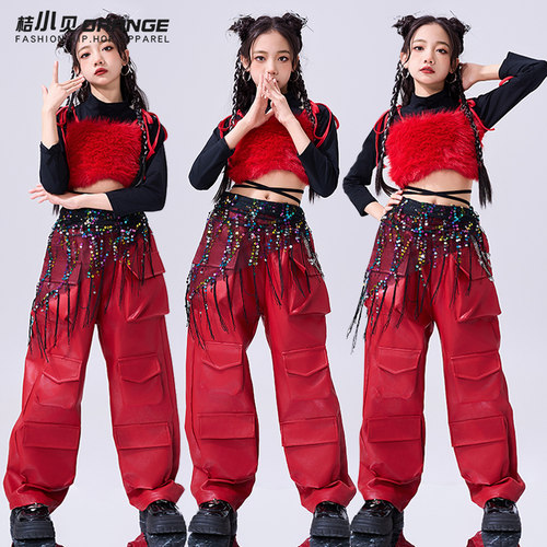 爵士舞女童服装红色元旦儿童