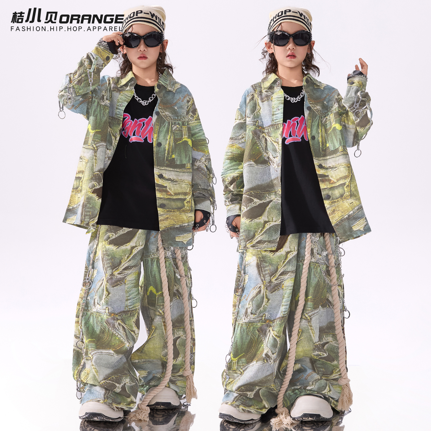 儿童街舞潮服男童演出服绿色套装