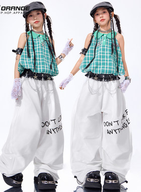 爵士舞服装潮酷时髦女童绿色格子