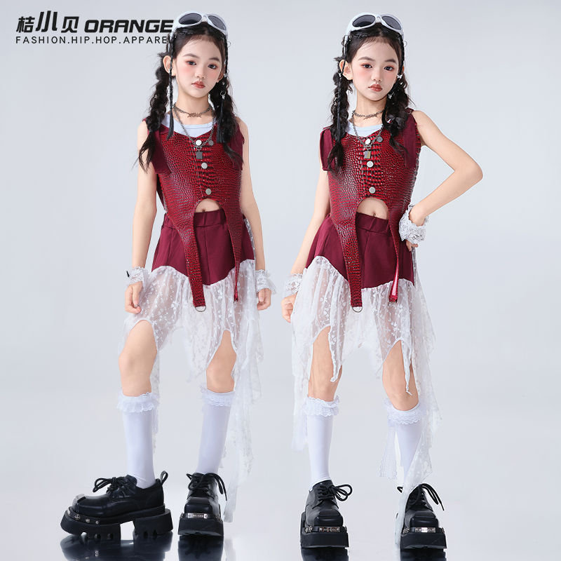爵士舞服装女儿童jazz穿搭红色