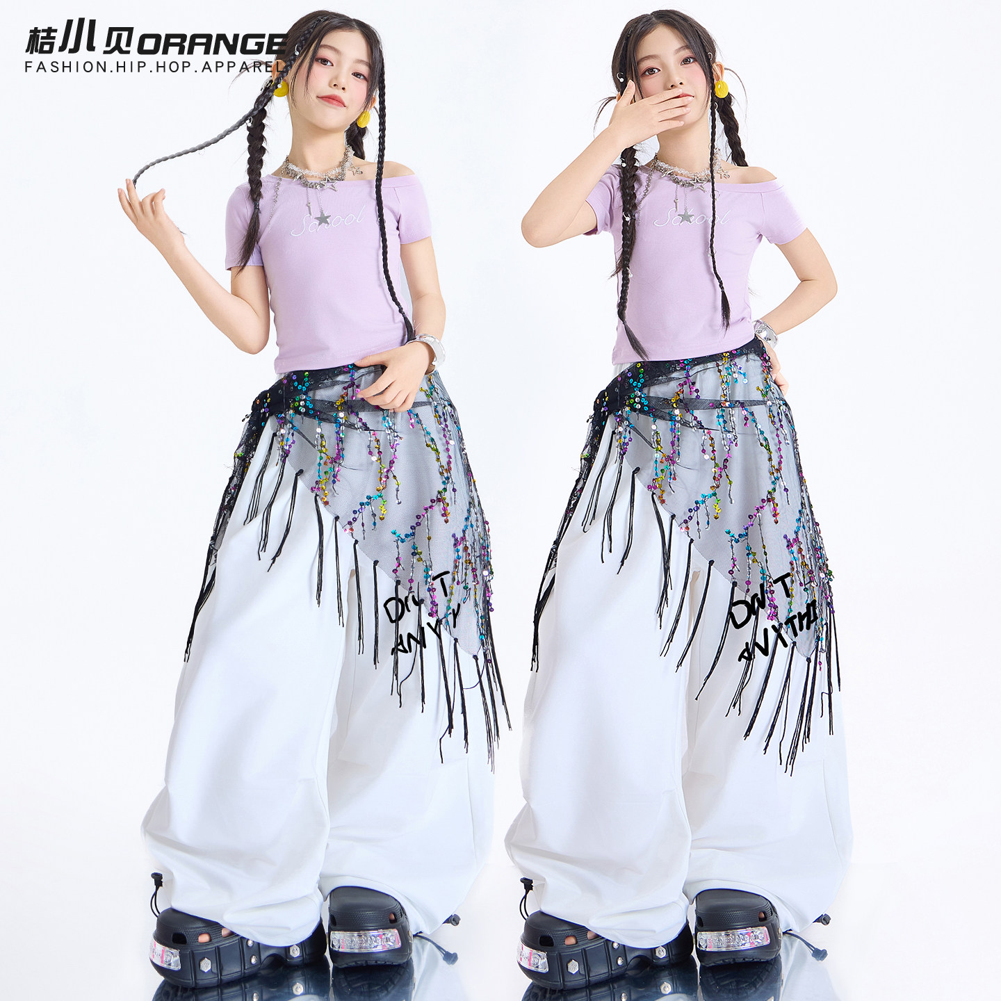 女童爵士舞服装儿童紫色短袖