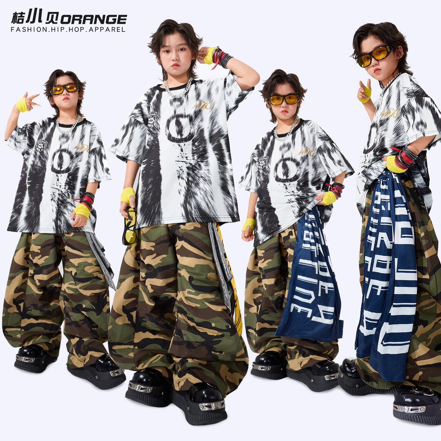 hiphop街舞童装儿童潮服灰白炸街少儿嘻哈表演男童架子鼓演出服装