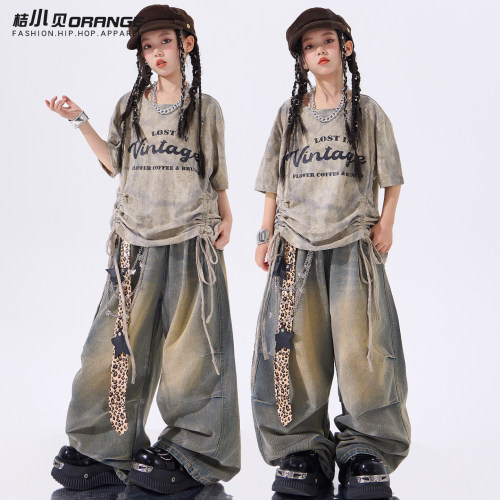 女童爵士舞服装儿童灰色街舞