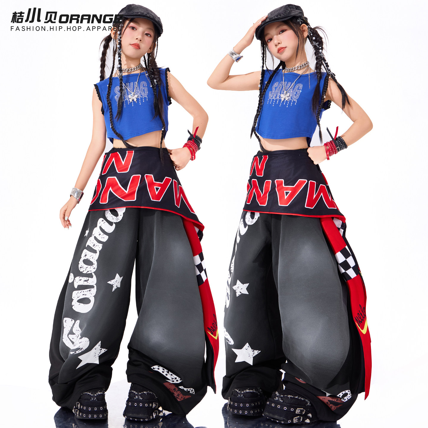 儿童爵士舞服装女童套装蓝色背心