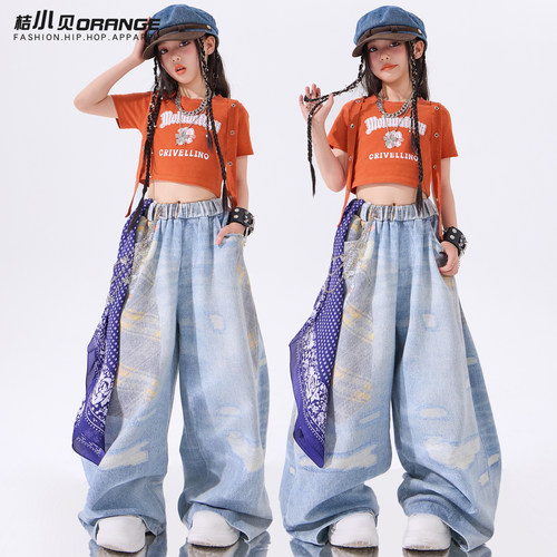 爵士舞服装女童jazz女孩橘色短袖