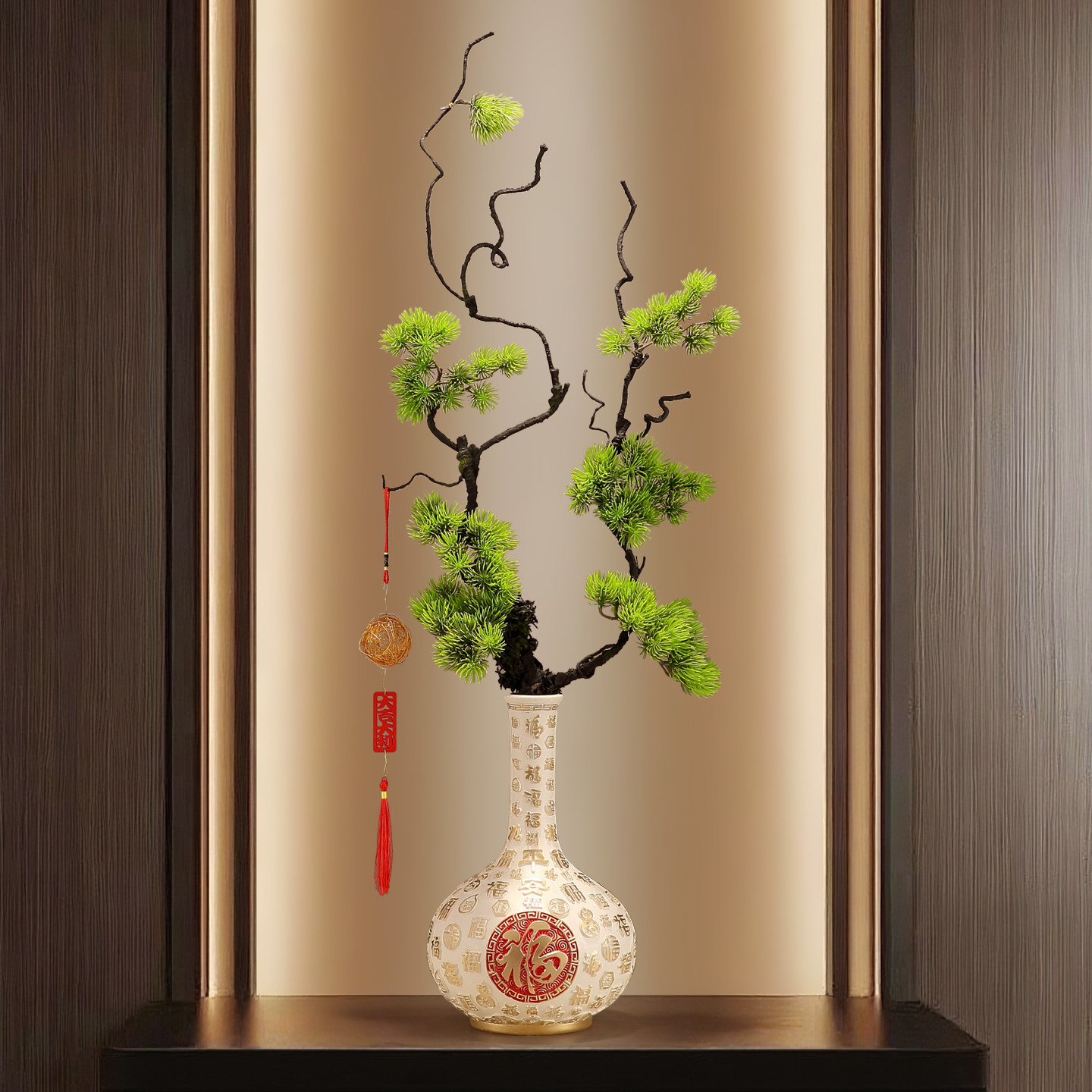 创意轻奢花瓶福摆件客厅插花造景迎客松玄关电视柜花器装饰艺术品,家居饰品,花瓶,淘宝优惠券,粉丝福利购,淘宝优惠卷