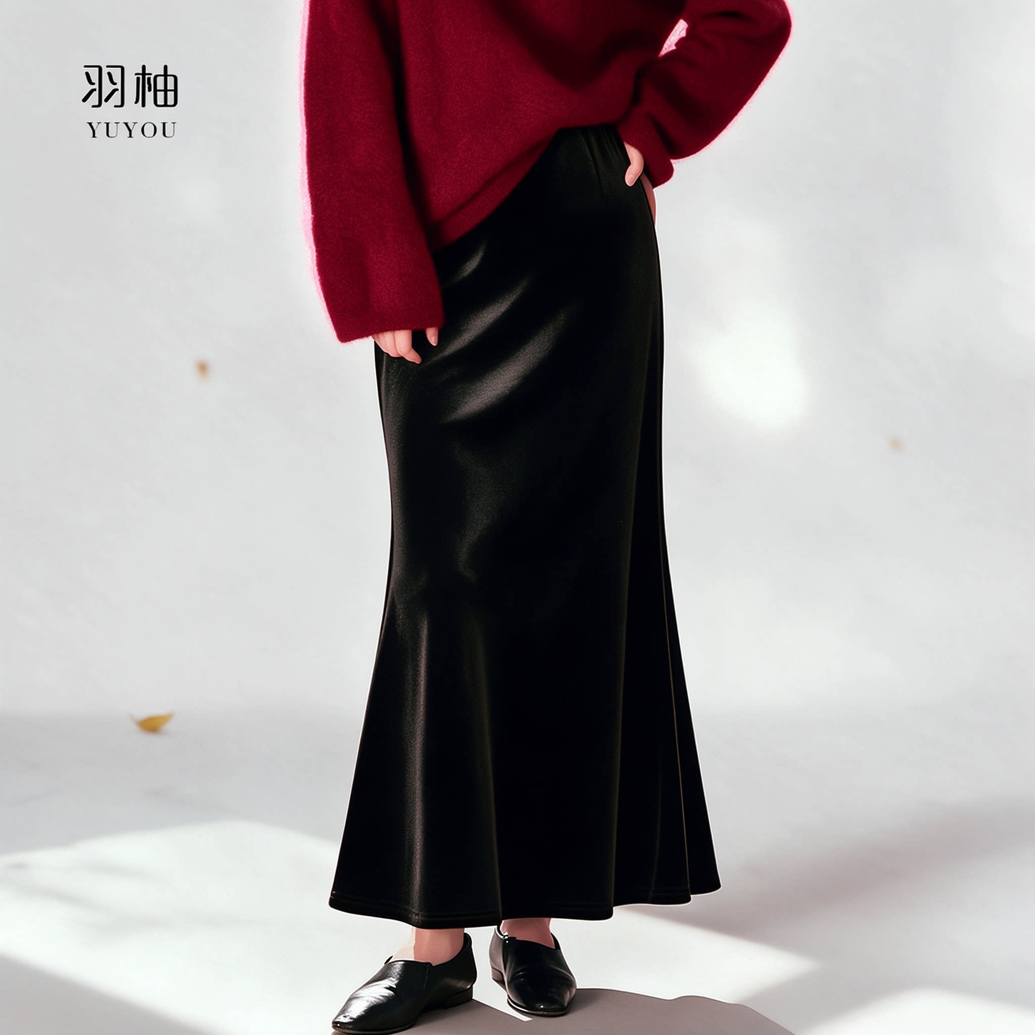 羽柚加绒加厚金丝绒包臀鱼尾裙黑色松紧高腰秋冬半身裙子女中长款