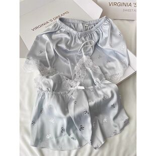 家居服两件套纯欲风蝴蝶结冰丝睡衣女款 夏季 蕾丝花边吊带背心短裤