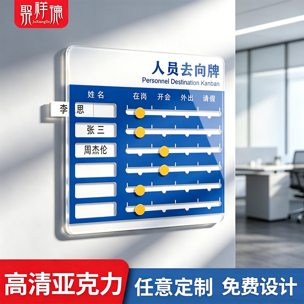 亚克力工作人员去向牌定制员工岗位牌公司科室部门公告栏贴纸办公室标识牌在岗状态牌开会外出提示牌子可更换