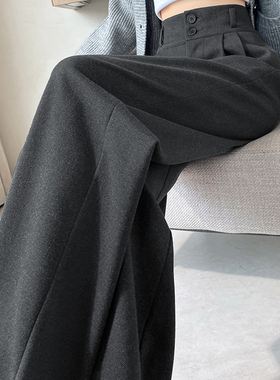 灰色高级感毛呢西装裤子女秋冬季2024新款高腰宽松直筒窄版阔腿裤