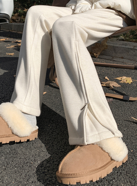 白色加绒针织微喇马蹄裤子女秋冬季高腰显瘦美式运动裤窄版阔腿裤