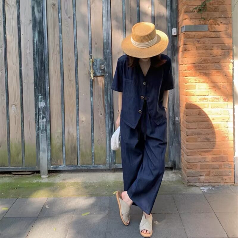 深蓝色亚麻套装女夏季薄