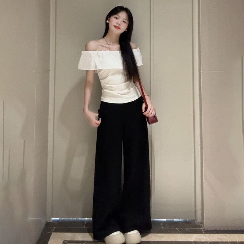 白色一字肩短袖t恤女夏季露肩修身巨好看绝美掐腰法式荷叶边上衣
