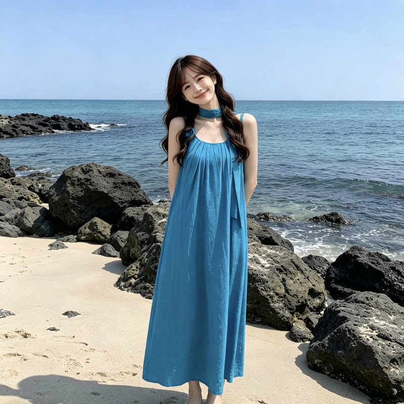 夏季挂脖吊带连衣裙女海