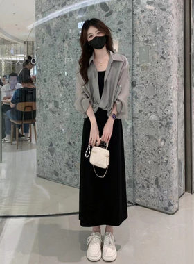 法式黑色吊带连衣裙子女夏季2026新款设计感小众气质显瘦长裙套装