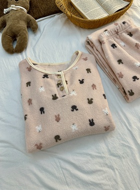 甜美少女卡通粉色兔子睡衣女秋冬季2025新款保暖法兰绒长袖家居服