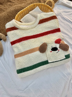 韩版可爱小狗半边绒针织睡衣女秋冬季新款保暖加厚毛绒家居服睡裙