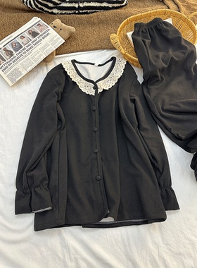 韩系带胸垫德绒保暖睡衣女秋冬季新款长袖蕾丝边设计两件套家居服