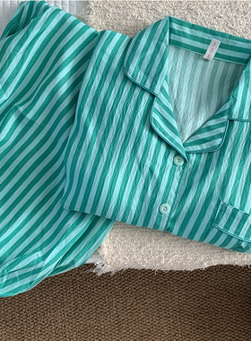 isn简约条纹开衫睡衣女款春秋季慵懒风长袖长裤家居服套装可外穿