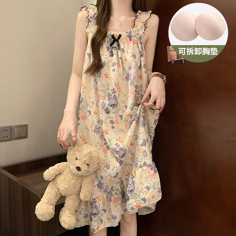2024新款带胸垫睡裙女夏季梭织棉复古风碎花夏天女款吊带孕妇睡衣
