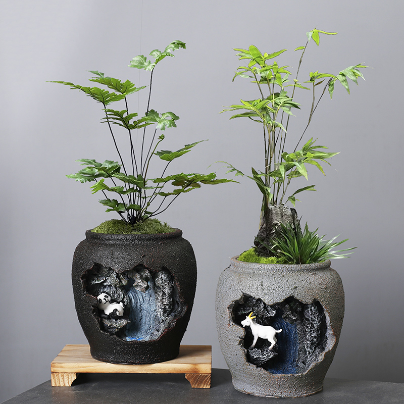 新中式山水树脂多肉花盆微景观复古客厅米竹文竹花器家居装饰摆件