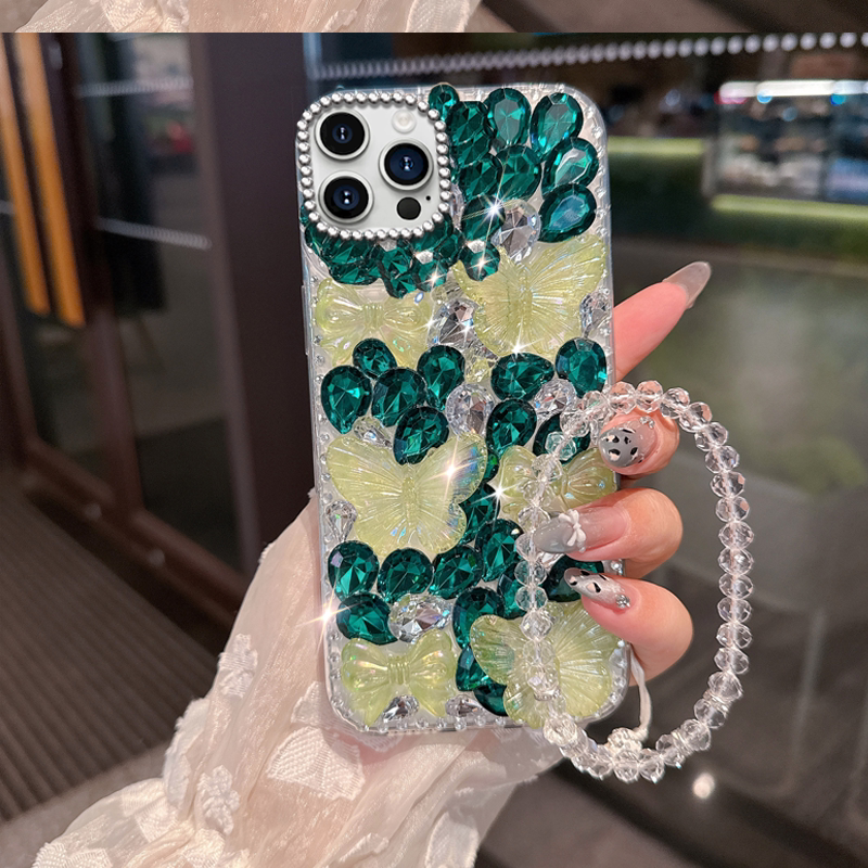 绿色小清新水钻适用苹果iPhone14ProMax手机壳高级感15新品16女款14Pro镶钻SE(第二代)/2025年12外壳6全包13