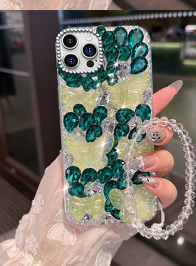 绿色小清新水钻适用苹果iPhone14ProMax手机壳高级感15新品16女款14Pro镶钻SE(第二代)/2025年12外壳6全包13