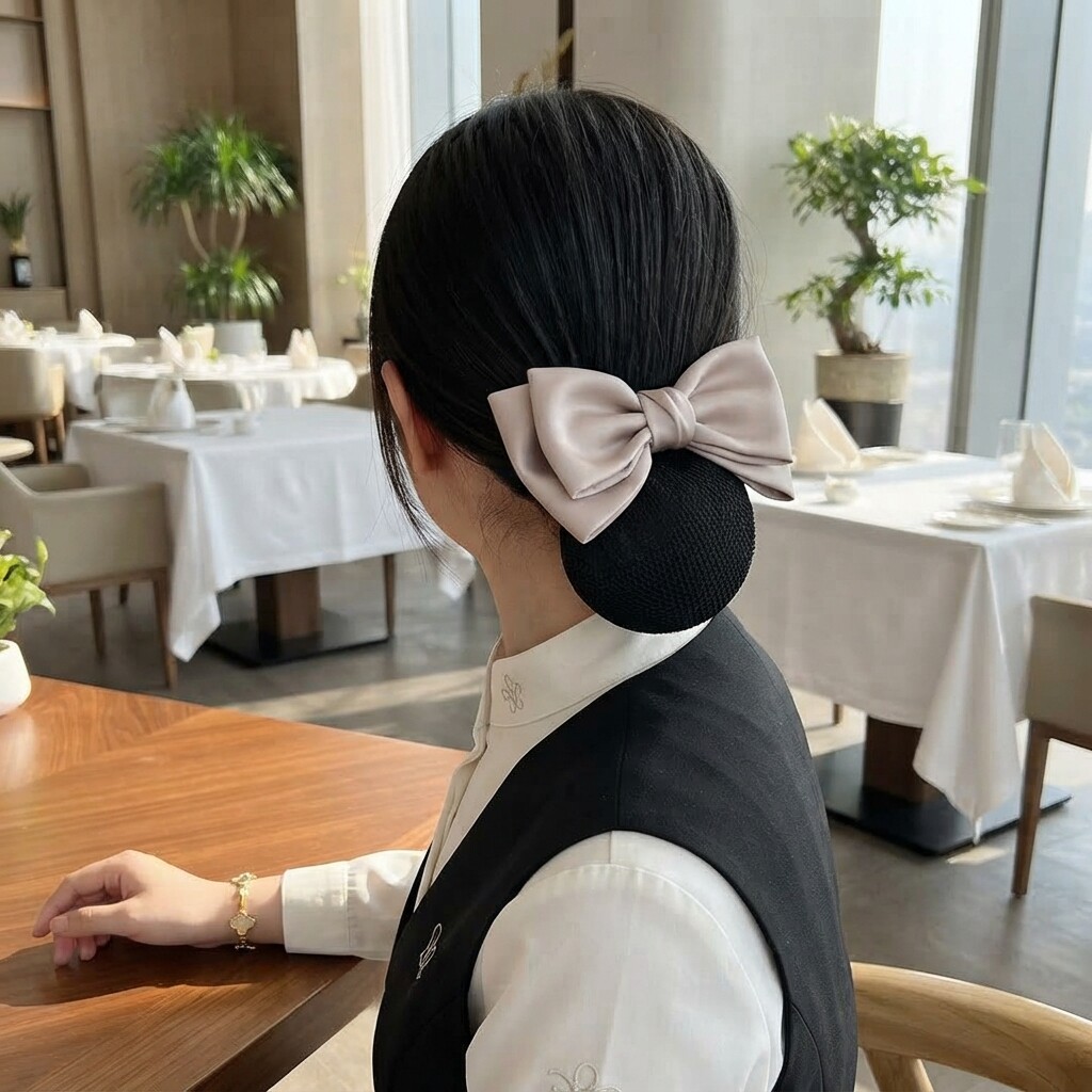 餐厅服务员工作头花女网兜职业发网盘发蝴蝶结头饰发饰2026简约款