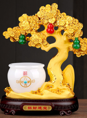 琉璃玉聚宝盆摆件发财树招财金钱树客厅办公室装饰乔迁开业礼物